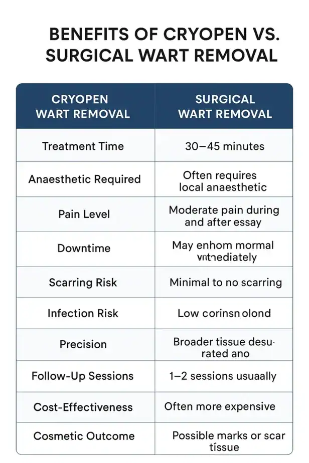 Table showing the benefits of cryopen to remove warts Poole compared to surgical treatment
